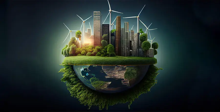 A hopeful depiction of green technologies, such as wind turbines and solar panels, symbolizing the potential for a sustainable Anthropocene future.