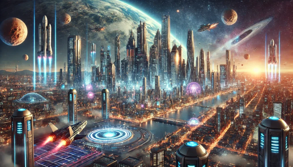 A futuristic cityscape with towering AI-controlled skyscrapers and a bustling spaceport, surrounded by asteroid impact shields and other defense mechanisms.