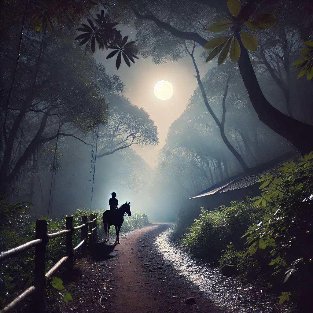  A horse ride trail lit by moonlight, showcasing Matheran’s nocturnal charm.