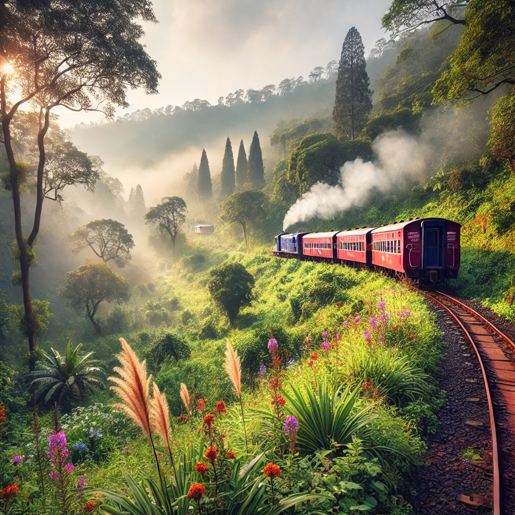 A scenic photo of the Matheran Hill Railway chugging through dense green forests.