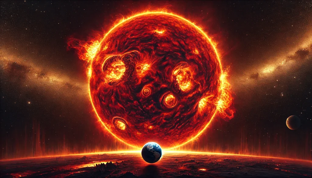 The Sun in its red giant phase, with Earth visible in the background as it begins to be consumed by the expanding outer layers.